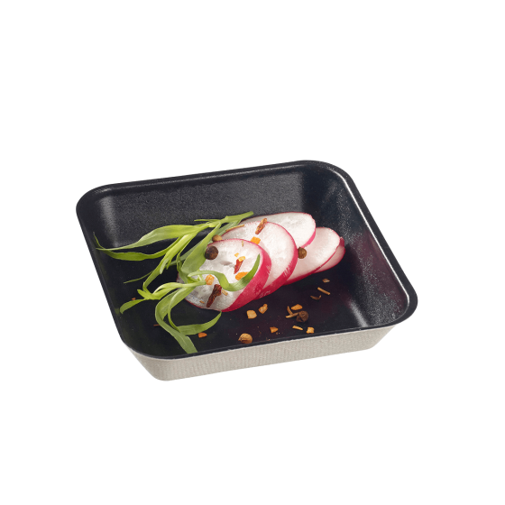 Assiette Kanopée pulpe de canne avec lam. noire 100x100 mm Assiette Kanopée pulpe de canne avec lam. noire 100x100 mm