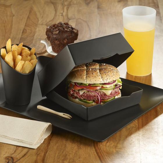 Boîte burger LOOP avec couvercle PP noir 169x171 mm