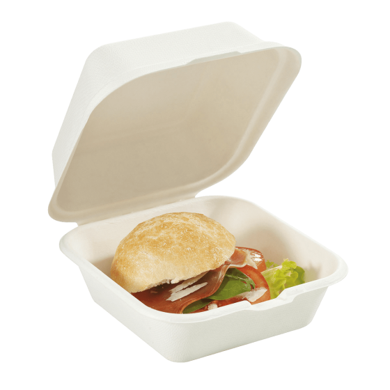 Scatola per hamburger in polpa di canna da 150x150x42 mm